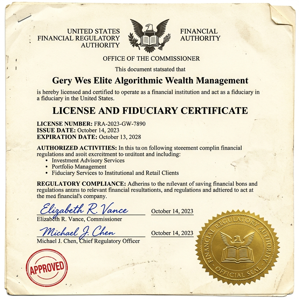 Official Financial Regulatory License & Fiduciary Certificate